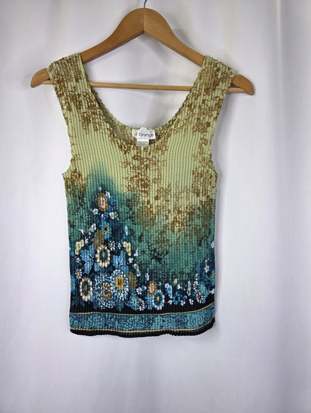 Le Grange Y2K Women's Size Medium Waffle Stretch Blouse Crinkle Blue Floral 2000 - Picture 3 of 14